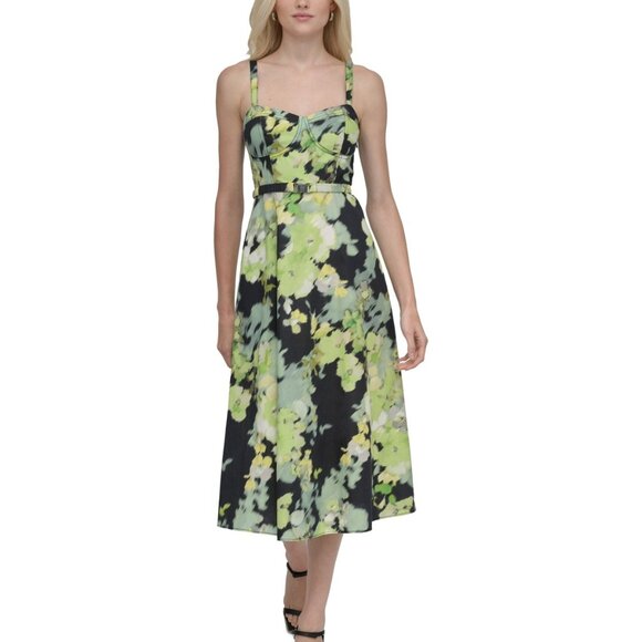 DKNY Vibrant Green and Black Floral Midi Dress - Picture 2 of 6
